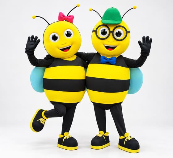 Duas abelhas listradas de amarelo e preto, uma com laço e outra de óculos e boné, abraçadas