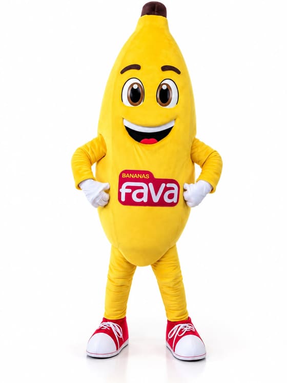 Mascote de banana amarela sorridente, de tênis vermelho e luvas brancas