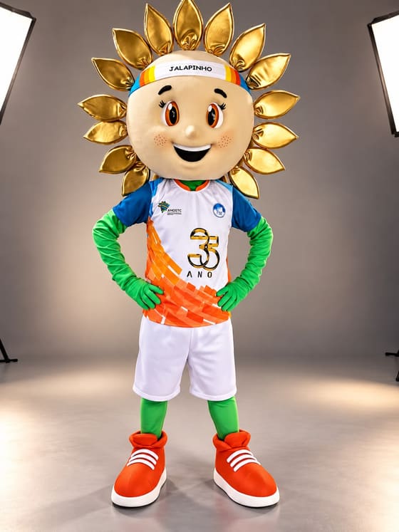 Mascote com cabeça de girassol, uniforme esportivo branco e laranja e luvas verdes